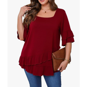 Beauhuty Womens Plus Size Tops Square Neck Tunic Double Ruffles Hem 3/4 Sleeve Shirt Casual Trendy Flow Loose Dressy Blouse XXL, Maroon