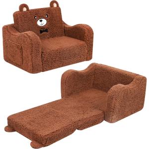 Kids Sofa, 2-in-1 Flip-Out Foam Couch, Soft Play Lounge Chair for Toddlers and Children, Brown