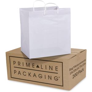 Prime Line Packaging White Plastic Bags, Shopping Gift Bags with Handles for Small Business, Food Service, Take Out, Delivery, Retail Bulk, 14x10x14.75, 200 Pack