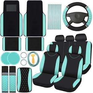 BBTO 43 Pcs Bling Car Accessories Set for Women Front Seats and Rear Bench Polyester Car Seat Protectors Wheel Cover Seat Floor Mats Full Crystal Automotive Interior Decor(Mint Green)