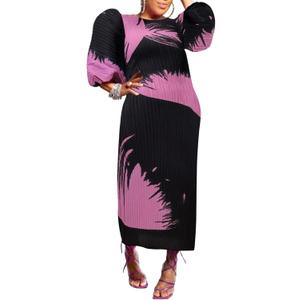 Women Colorful African Dress Floral Puff Long Sleeve Wedding Guest Party Pleated Maxi Dress (Black Purple, XS)