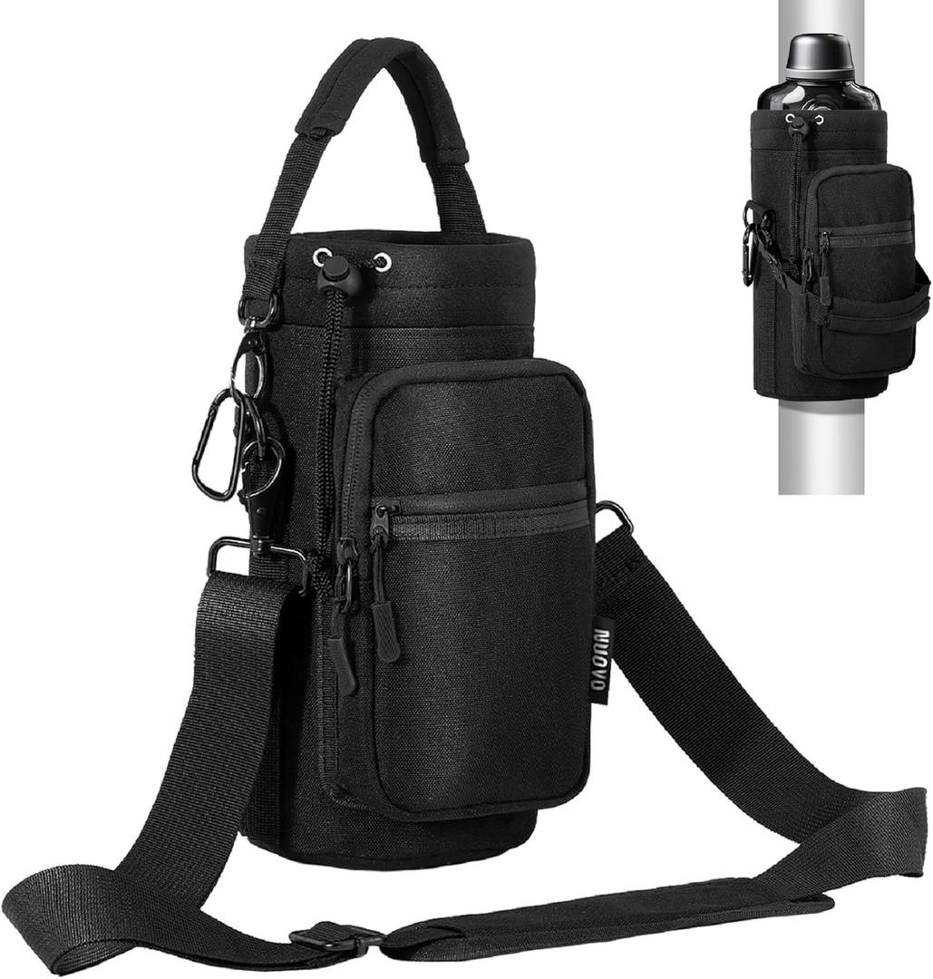 Nuovoware Water Bottle Carrier Bag,25oz/40oz/64oz Bottle Pouch Holder,Adjustable Shoulder Hand Strap 2 Pocket Sling Neoprene Sleeve Sports Accessories for Hiking Travelling Camping (Black)