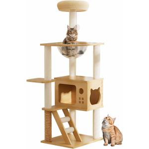 48.4" Tall Wood Cat Tree Tower for Indoor Cats Large Adult, Modern Minimalist Cat Furniture with Cat Scratching Post Cozy Sleeping Perch Hammock and Toy Ball, Beige