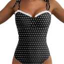 Herseas Women's One Piece Swimsuits High Cut Sexy Ruffled Trim Ruched Removable Padded Bathing Suits Adjustable Tie Shoulders Casual Holiday Outfits Black with White Dots​, Large