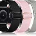 DaQin 3 Pack Stretchy Solo Loop Compatible with Apple Watch Band 38mm/40mm/41mm/42mm, Adjustable Braided Sport Elastic Nylon Strap for iWatch Series 10 Women Men  Black/Pink Sand/Gray)