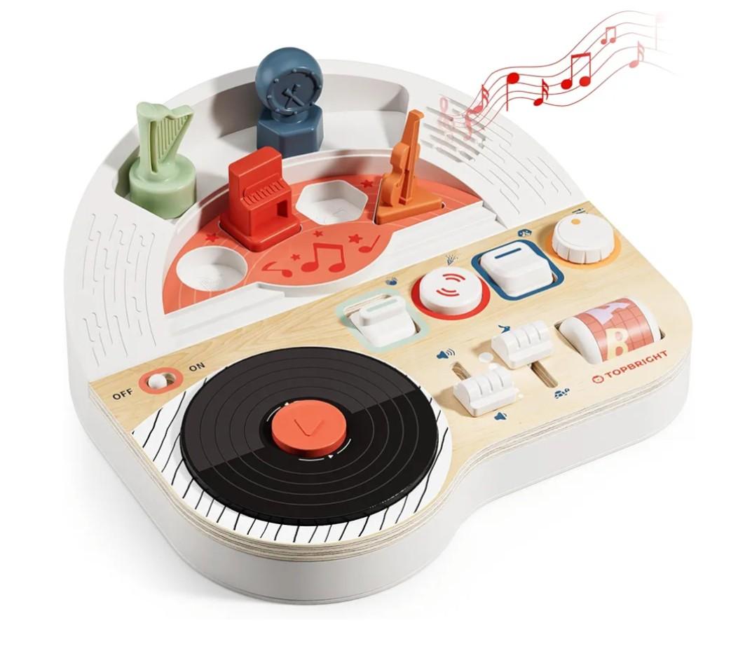 TOP BRIGHT DJ Music Busy Board - Wooden Toddler Toys for Boys and Girls，Montessori Sensory Toy with 14 Activities with Sound Blocks, Portable Travel Toy for 18M+