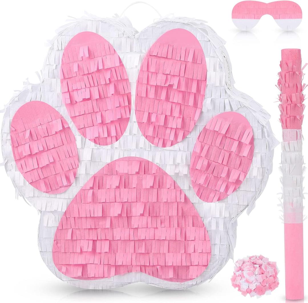 Small Dog Paw Piata Puppy Birthday Party Supplies Animal Themed Birthday Piata with Blindfold Bat Confetti for Pet Cow Themed Party Baby Shower Decorations Favors(Pink)