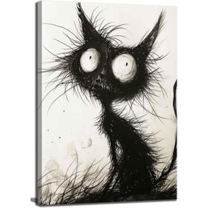 Funny Black Cat Canvas Wall Art Gothic Spooky Feline painting Decor Pictures Halloween Creepy Black And White Art Cat Posters Prints for Cafe Bar Living Room Restaurant Bedroom Decoration, 24"L x 16"W