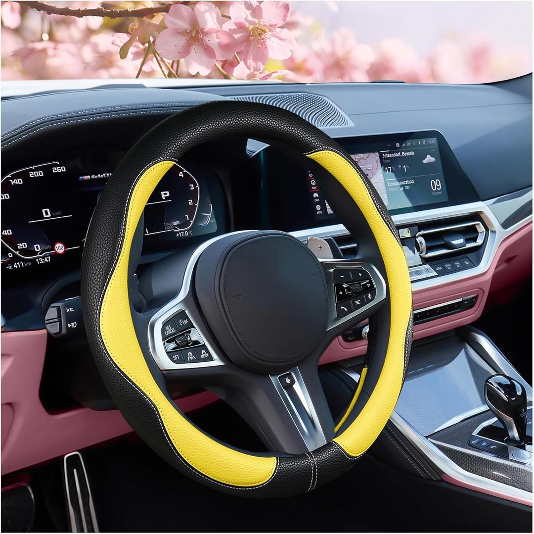 SuperKaKa Car Steering Wheel Cover 2025, Universal Auto PU Cute Breathable Slip-Proof Comfort Imitation Leather Protector Cars Interior Accessories for Women Men Fit Most Vehicle (Yellow)