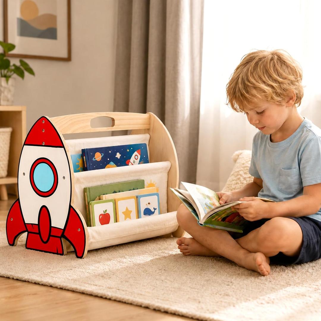Rocket Double-Sided Bookshelf with 4 Tier Deep Sleeves Wood Books Organizer Wooden Montessori Book Rack Rocket Book Shelf Books Display Shelves for Daycare Nursery Room Playroom Classroom Bedroom