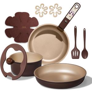 CAROTE 11pcs Ceramic Cookware Set, Pots and Pans Set Non stick, Induction Kitchen Cookware with Removable Handle, RV Dishwasher  Oven Safe, RV/Camping Cookware, PFOA Free, Brown