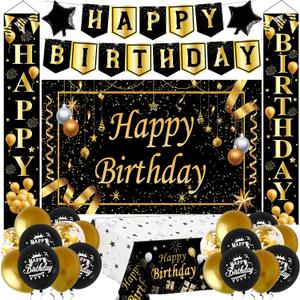 Black and Gold Birthday Decorations, Birthday Party DecoratIons for Men Boys Women Girls with Black Gold Happy Brthday Banner Tablecloth Backdrop Porch Sign Door Decoations Balloons