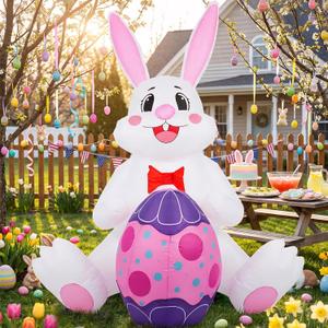 6FT Easter Inflatables Outdoor Decorations, Bunny with Egg Blow Up Yard Decorations, Built-in LED Lights Easter Inflatable for Garden Lawn Holiday Party Decor