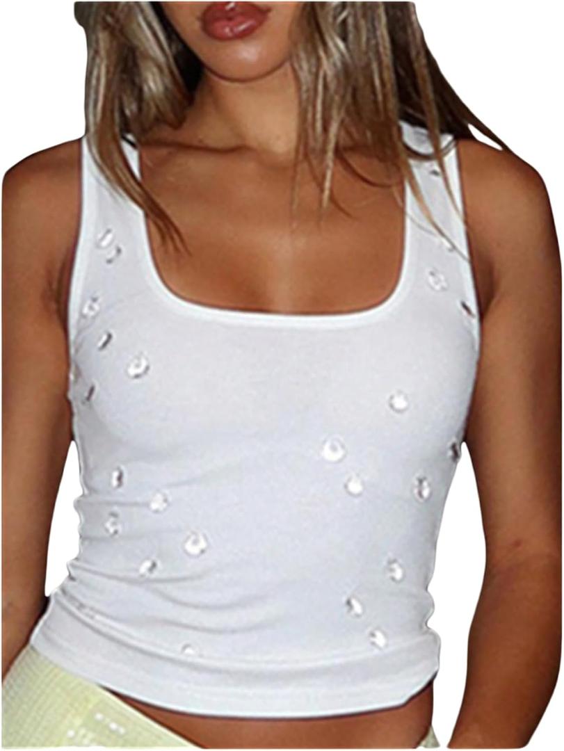 SOLY HUX Women's Rhinestone Crop Tank Top Y2K Ribbed Scoop Neck Sleeveless Fitted Vest Shirts Streetwear (White, XS)