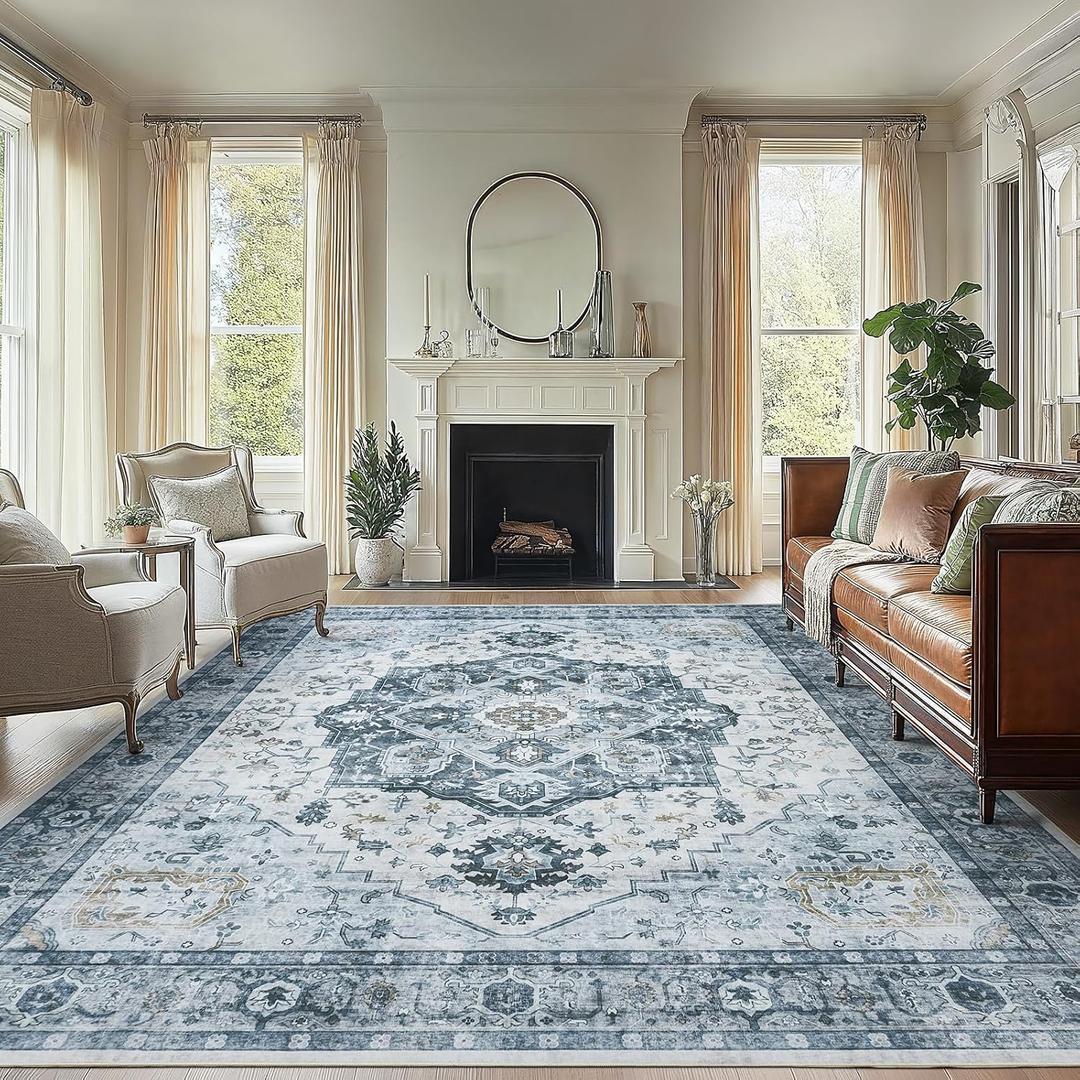 AMADA HOMEFURNISHING 8x10 Area Rug, Washable Low-Profile Large Area Rug with Non-Slip Backing & Durable Edge Binding, Vintage Large Rugs for Living Room, Bedroom