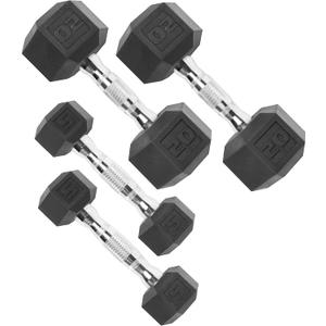 CAP Rubber Coated Dumbbell Weights, Free Weights for Home Gym Strength Training, Anti-Roll Hex Dumbbells with Black, Chrome & Comfort Grip Handles, Pairs & Sets 50 lb - Set (5 lb x 2 & 20 lb x 2)