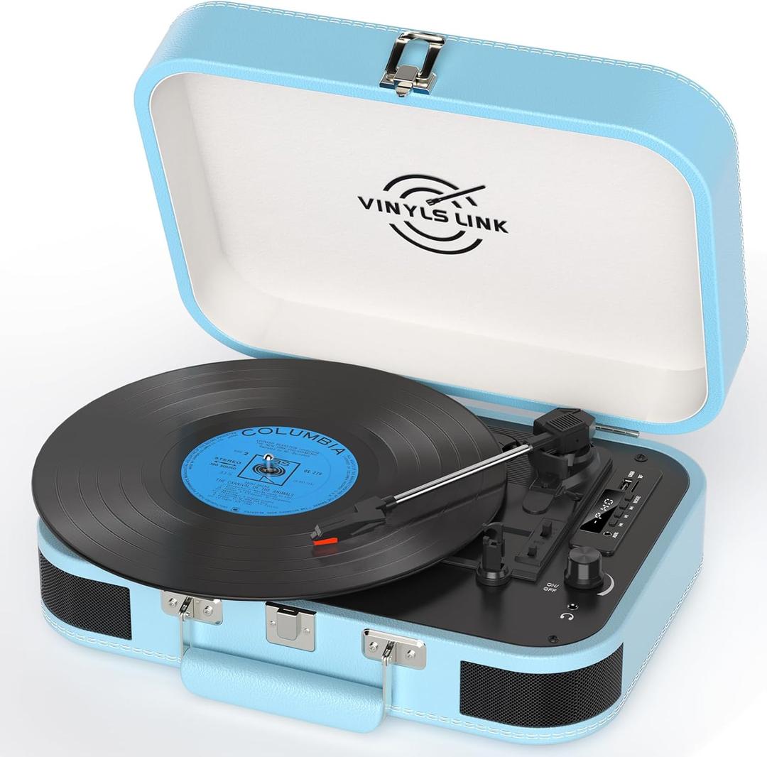 Vinyl Record Player 3 Speed Bluetooth Turntable Belt Drive LP Play Portable Suitcase Record Player Built-in Speaker with EQ Mode USB Recording RCA Output/AUX Input Headphone Jack Blue