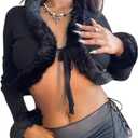 Women Y2K Long Sleeve Tie Front Blouse Fluffy Trim Collar Cuff Faux Fur Blouse (Large, Black)