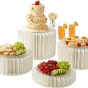 iobiotio Foldable Cake Stand Set, Reusable Buffet Risers, 4 Pack Round Dessert Stands with Acrylic Tops, Cardborad Display Stands for Weddings, Birthdays, Baby Showers, Parties, Home Decor, White
