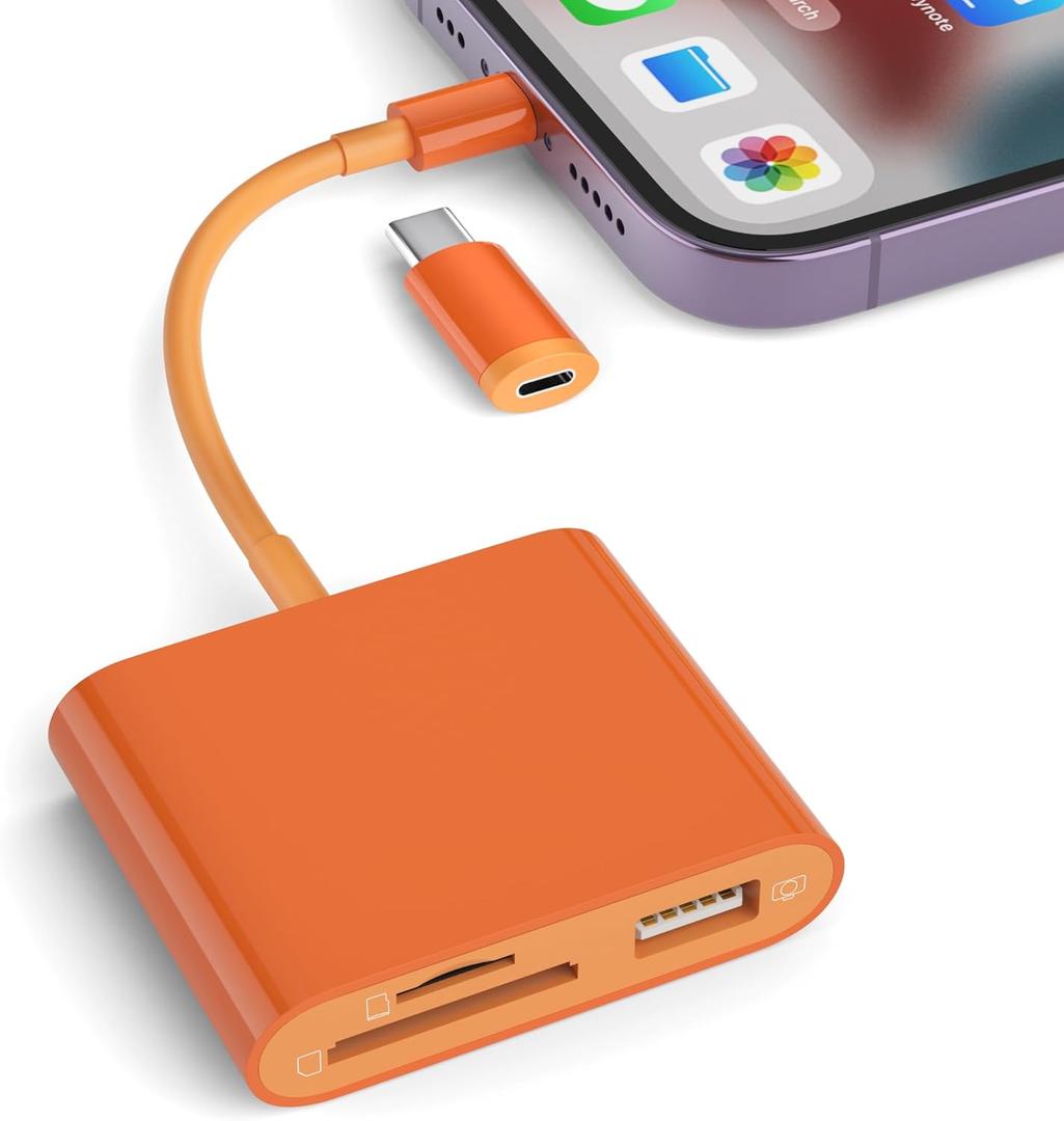 SD Card Reader for iPhone, Memory Card Reader with USB-C to Lightning Adapter Plug and Play Trail Game Camera Micro SD Card Viewer Support SD/TF Card and USB for iPad No App Required (Orange)
