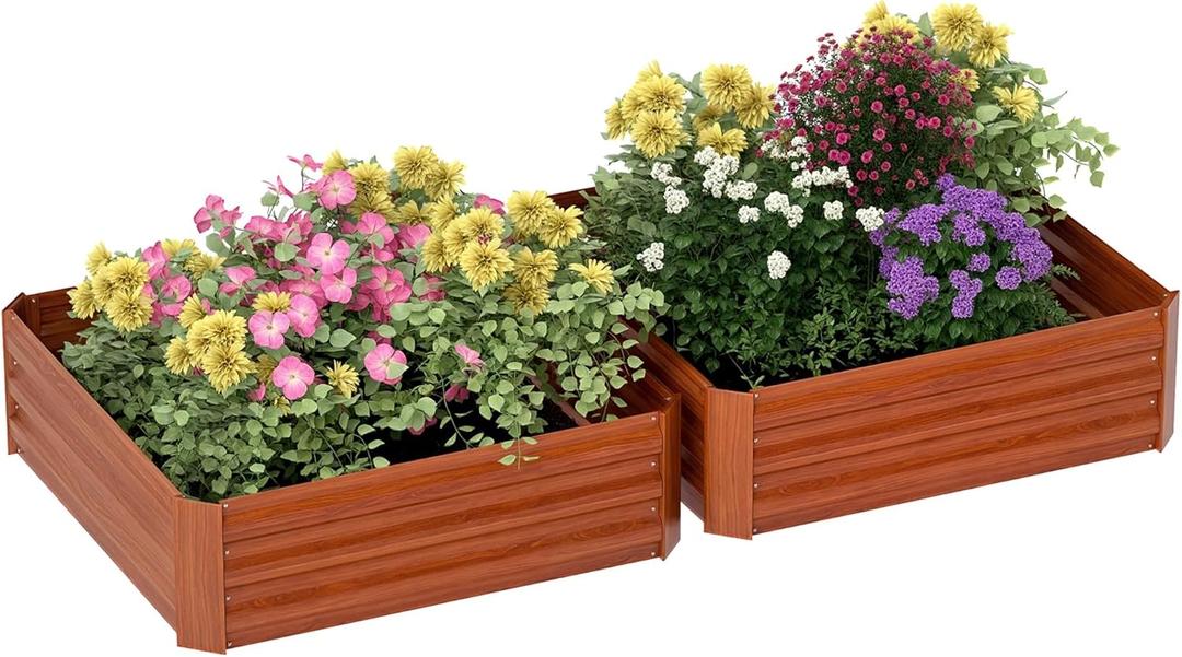 Outsunny 2 Piece Galvanized Raised Garden Bed, 3.3' x 3.3' x 1' Metal Planter Box for Growing Vegetables, Flowers, Herbs, Succulents, Dark Brown