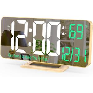 KOSUMOSU Desk Clock for Bedroom Accessories 6.7in Gold Digital Alarm Clock with Dimming,12/24h, Date, Day of Week, Temp, LED Clock, Modern Digital Calendar Clocks for Living Room Essentials