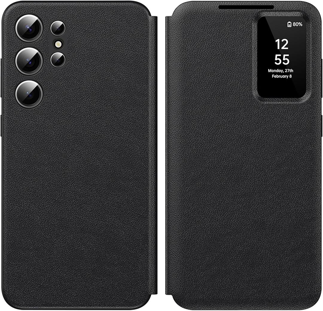for Samsung S23 Ultra 5G Case Smart Small Screen View, with S-View Wallet Phone Case,Smart Window Cover for Samsung Galaxy S23 Ultra Case, Flip Leather Protective Smart View (Black)