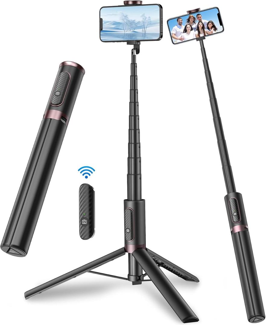 TONEOF 67" Cell Phone Selfie Stick Tripod,Smartphone Stand All-in-1 with Integrated Wireless Remote,Portable,Lightweight,Extendable for iPhone/Android(Black) (67(None magnetic))