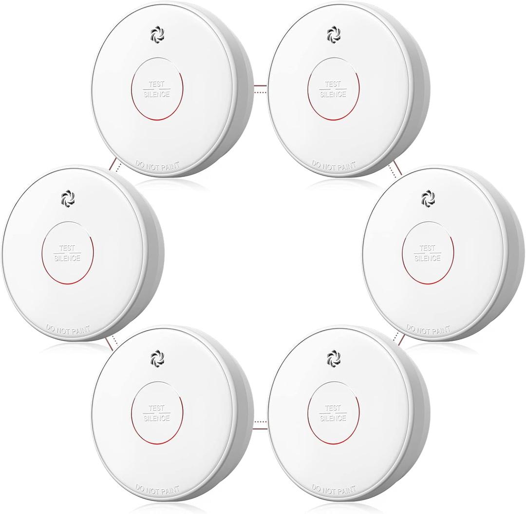 Smoke Detector Interconnected, Wireless Smoke Alarm with 5 Years Replaceable Battery, 10-Year Lifetime Fire Alarm with Silence Function and Low Battery Warning for Bedroom and Home, 6 Packs