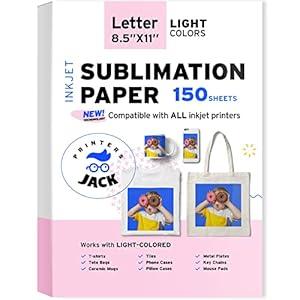 Printers Jack Sublimation Paper - 8.5 x 11 Inches, 150 Sheets 120 gsm for Any Inkjet Printer with Sublimation Ink, Heat Transfer Sublimation for T-shirt, Mugs, Light Fabric