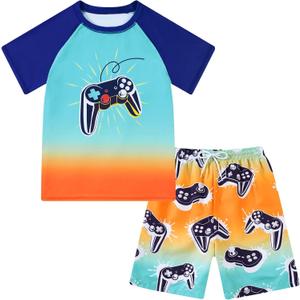 Boys Bathing Suits 5t Toddler Swimsuits Swim Trunks with Rash Guard for Boy Size 5-6 Swimwear Kids Swim Set Blue Gamepad Children Swimming Suits
