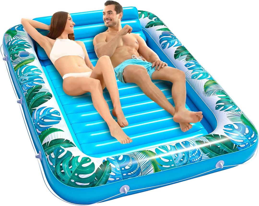 JAMBO XXL Inflatable Tanning Pool Lounger Float, 80 x 56 Sun Tanning Pool Float with Pillow Water Lounge Raft Pool Floatie for Adults Tanning Raft Pool Tub Water Tanning Bed Kiddie Pool Tanning Floats