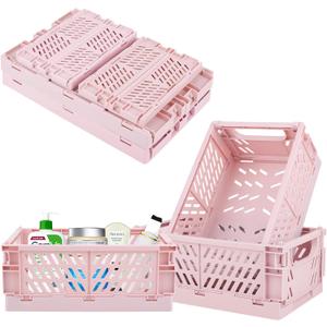 Plastic Baskets for Desk Organizing, Drawer Organizer, 2 Medium+2 Small Durable Folding Storage Crate for Home Kitchen Classroom Office Bedroom and Bathroom (Pink)