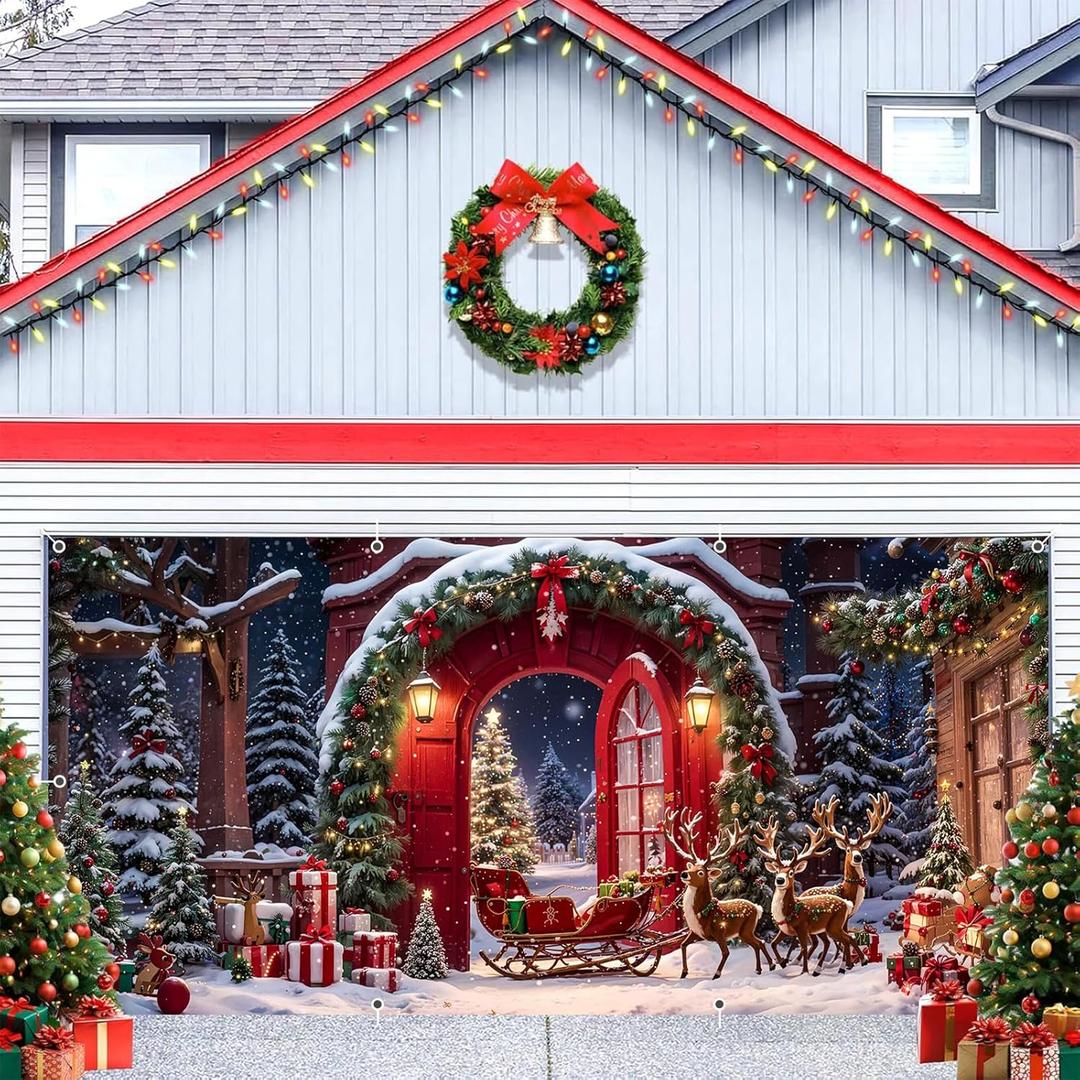Christmas Garage Door Cover Decorations 7x16ft Winter Forest North Pole Backdrop Snowy Xmas Tree Reindeer Snowflake Banner Family Holiday Party Photography Background Decor Murals Outdoor