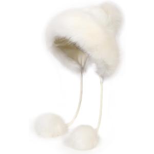 sy soul young Womens Faux Fur Hats Pom Pom Winter Hat with Ear Flaps Ponytail Girl Ski Snow Skull Cap Fluffy (One Size, White)