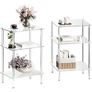 Tempered Glass Side Tables Set of 2 Acrylic End Table with 3 Storage Shelve transparent Bedside simplicity clear 3-Tier Nightstands small Spaces Office Bedroom Living Room Study Transparent ET-008TR3T