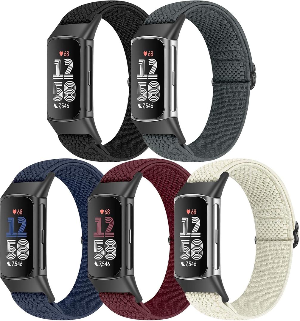 Bcuckood 5 Pack Elastic Nylon Watch Bands Compatible for Fitbit Charge 6/Fitbit Charge 5, Adjustable Breathable Replacement Stretchy Nylon Loop Wristband Sport Strap for Women Men
