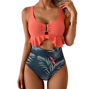 B2prity Womens One Piece Swimsuit Tummy Control Ruffled Bathing Suit V Neck Cutout Swim Suit Tie Back Swimwear, L