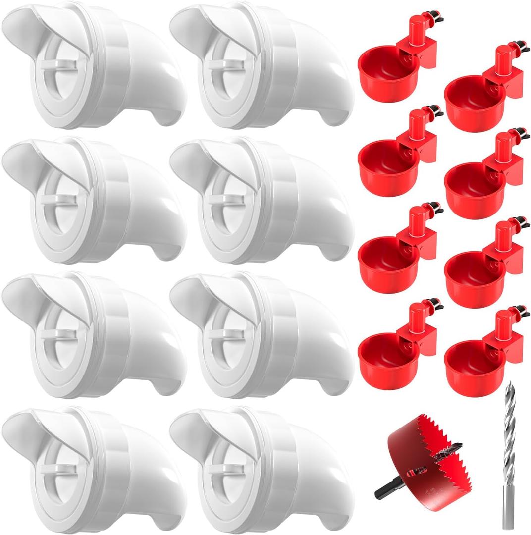 Chicken Feeder No Waste Automatic Poultry Feeder Ports Chicken Feeders and Waterer Set Chicken Feeder Kit 8 Chicken Water Cups with 8 auto Chicken Feeders Ports