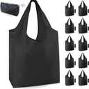 BeeGreen 10 Pack Black Reusable Grocery Bags with Storage Pouch Reusable Shopping Bags Bulk with Elastic Band 50LBS X-Large-Foldable-Washable-Heavy Duty-Waterproof Grocery Tote Bags