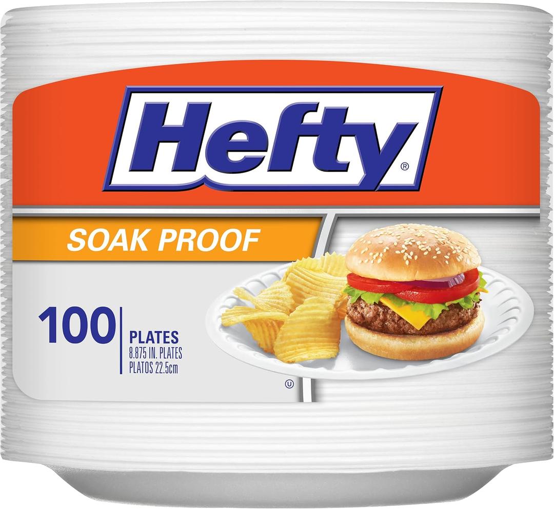 Hefty Everyday Soak Proof Disposable Foam Plates, 8.9 Inches, 100 Count, Disposable White Plates for Lunch, Salads, and Appetizers, Great for Everyday Use, Easy Cleanup