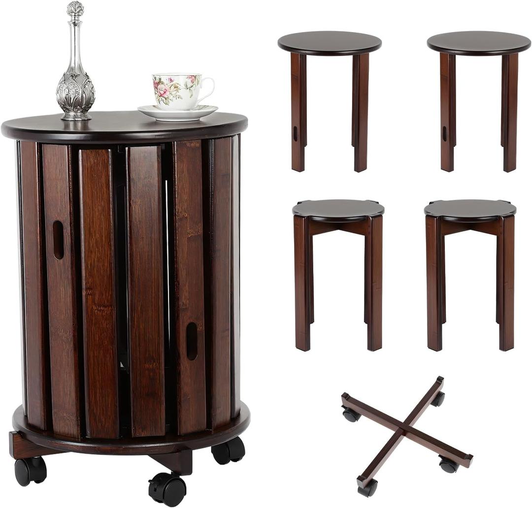 FAHKNS Stackable Stools Set of 4,Wood Chair on Wheels Sturdy and Durable,Dining Chairs Stacking Stools No Installation Required for livingroom Kitchen,Top Stackable Round Stool
