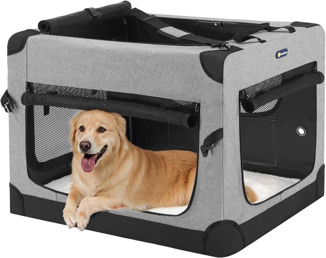 Veehoo 36 inch Folding Soft Dog Crate, 4-Door Portable Collapsible Pet Kennel Travel Dog Crate for Large Dogs, 5 x Durable Mesh Screen, 600D Oxford Fabric, Indoor & Outdoor Use, Grey, CWB2428CP 