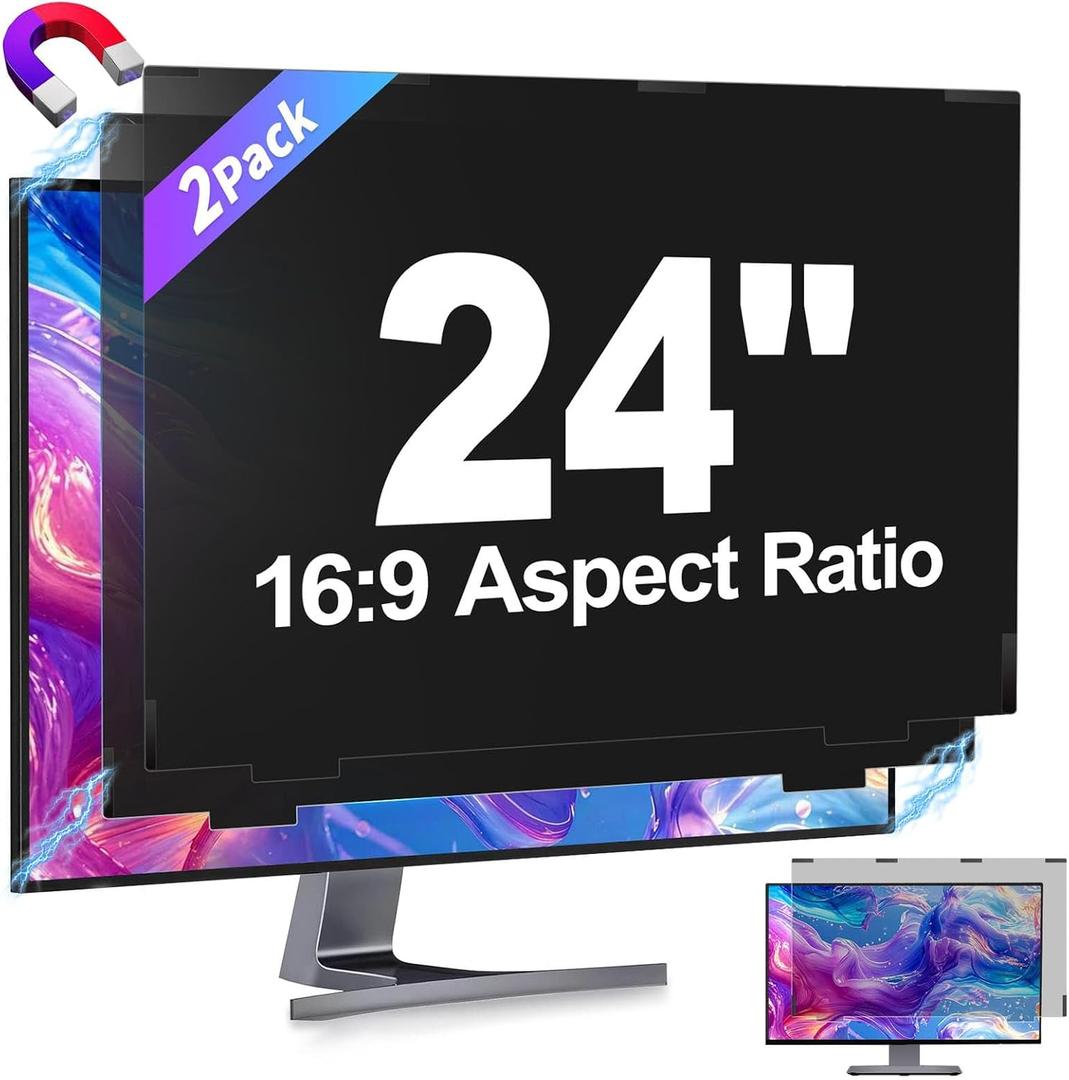 2 Pack Magnetic Removable 24 inch Computer Privacy Screen Filter for 16:9 Widescreen Monitor Desktop PC, 24inch Anti Blue Light Glare Eye Protection Shield, Anti Spy Screen Protector Screen