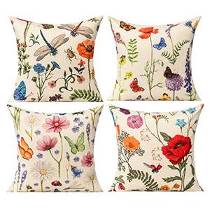 All Smiles Outdoor Patio Throw Pillow Covers 20x20 Set of 4 Spring Summer Garden Flowers Farmhouse Décor Outside Furniture Bench Chair Decorative Cushion Cases for Swing Deep Seat Bed Couch Sofa