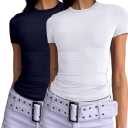 Dwnval Womens 2 Piece Sexy Casual Short Sleeve Crewneck Shirts Summer Slim Fit Cute Crop Tops (M)