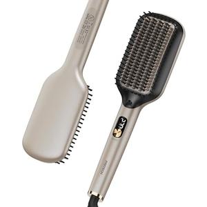 PRITECH Hair Straightening Brush Ionic 250-450°F Fasting Heating Anti-Scald & Auto-Off, Wide Plates Flat Iron Comb Teeth Dual-Voltage Hot Straightener Ionizer Anti-Frizz (Gold)