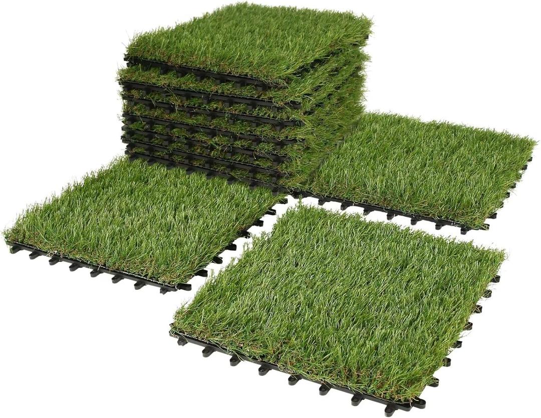 XLX TURF Artificial Grass Turf Tiles Interlocking Set 12 Pieces, Square Fake Grass Tiles Self-draining for Pet Indoor/Outdoor Flooring Decor, 12"x12", 8 Buckle Systerm