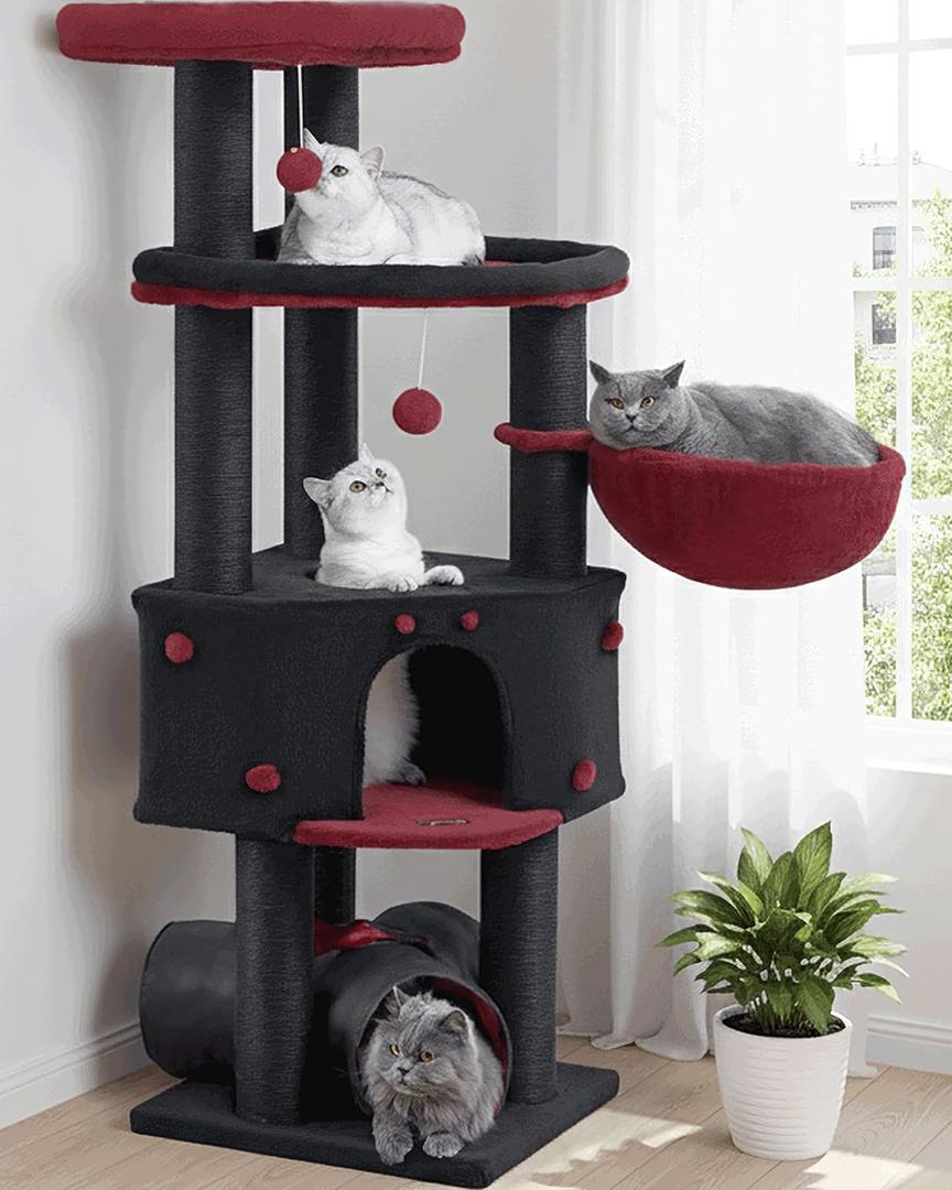 Heavy Duty Cat Tree for Large Cats Adult - 60 Inch XXL Sturdy Cat Tower Condo with Extra Wide Scratching Posts (4.4in) Big Cat House Hammock Perch - Indoor Wood Modern Multi Level Corner Cat Bed (Black)