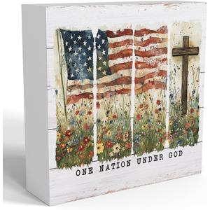 4th of July Decorations, Independence Day Patriotic Decorations, Memorial Day Decor, Red White And Blue Decor, Rustic Farmhouse American Flag Wildflowers Wooden Box Sign for Office Home Bedroom Table